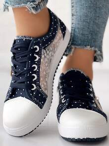 Women's Navy Blue Flower Decor Lace Mesh Low Top Sneakers, ChicMe Essence Autumn/Winter New Round Toe Lace Up Zipper Accent Ladies Casual Fashion Skate Shoes - 深藍色 - 查看 3