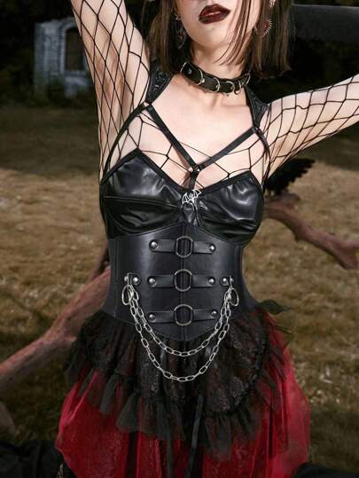 1pc Women's Dark Gothic Chain Decor Leather Belt, Punk Metal Buckle Leather Corset Waist Belt, Suitable For Music Festivals, Halloween, Rave Parties