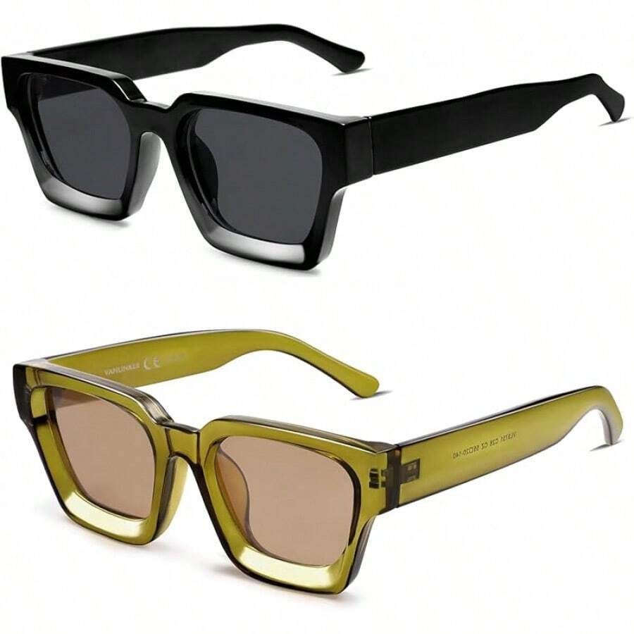Thick Square Retro Chunky Rectangle Protection - 2pcs - Balck + Transparent Green / Brown - View 1