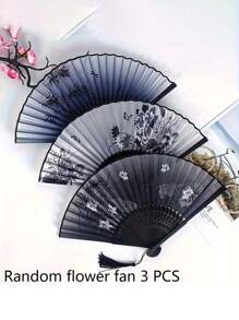 3pcs Chinese Folding Fan, Plum Orchid Bamboo Chrysanthemum Black Set, Classical Ancient Fan Folding Fan, Summer Fringe Model, Portable Hanfu Dance Fan For Male And Female Students