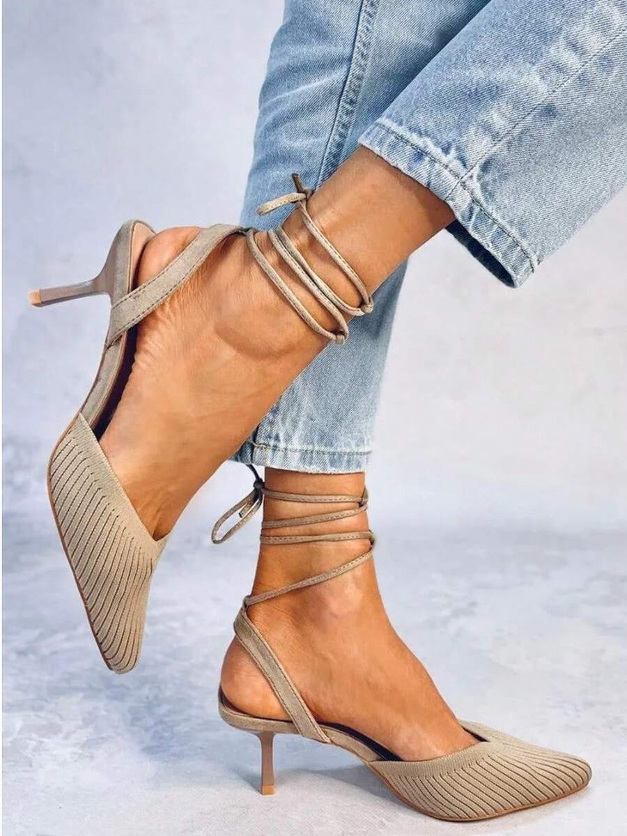 Sandali con tacco alto donna con punta appuntita e cinturini incrociati, sexy per feste, alla moda per uso quotidiano - Cachi - Visualizzare 1