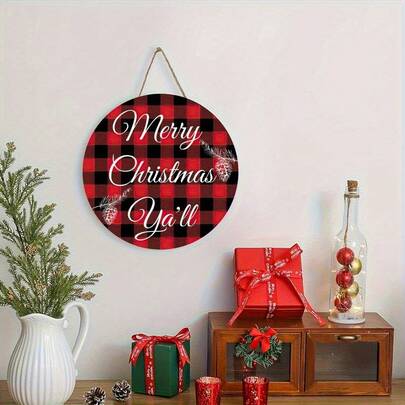 Vintage Country Style Round Christmas Wood Ornament - Red And Black Plaid Pattern With Pine Branches And "Merry Christmas" Lettering - Faux Wood Door Wall Decoration For Winter Party
