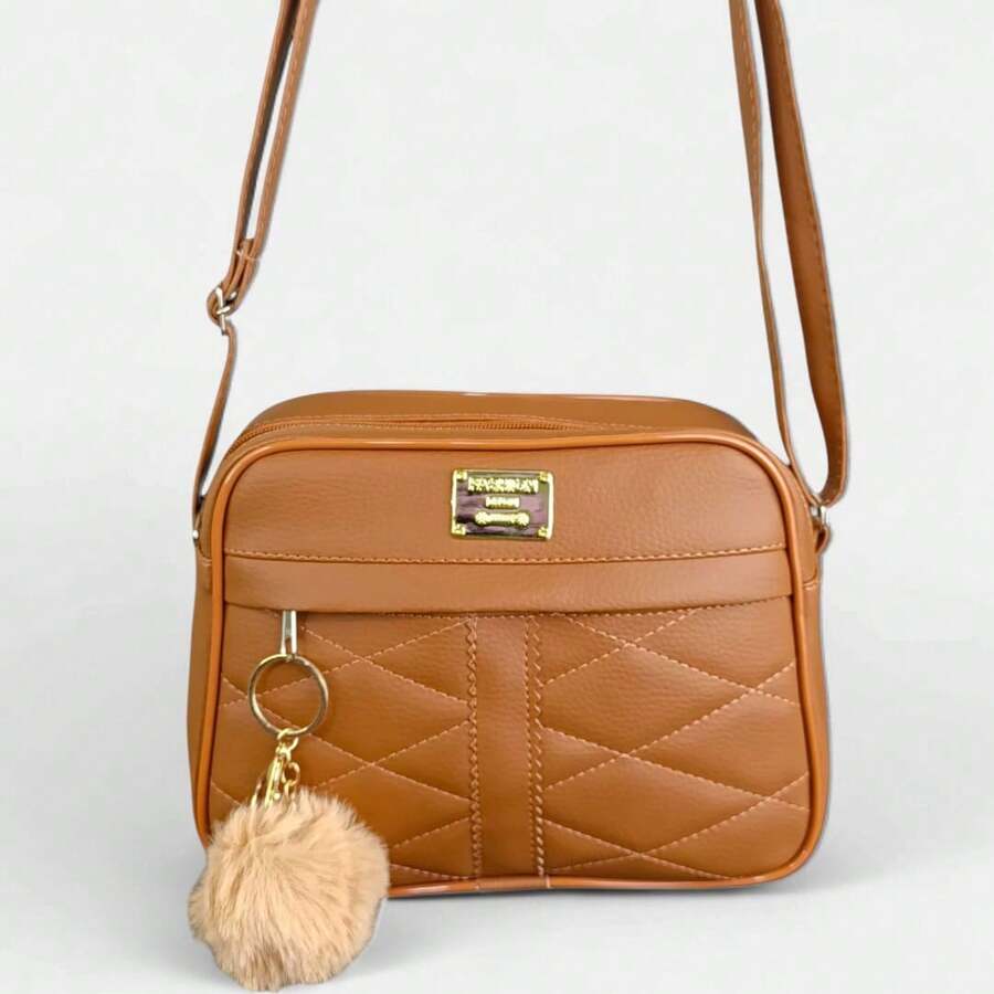 Small Women's Bag With Reinforced Crossbody Strap + Cute Pompom Keychain - Lạc đà - Xem 1