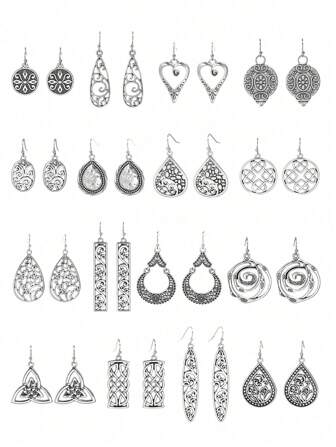 16 Pairs Bohemian Vintage Hollow Heart Earrings Set, Fashion Delicate Versatile High-End Design, Suitable For Women's Daily Wear