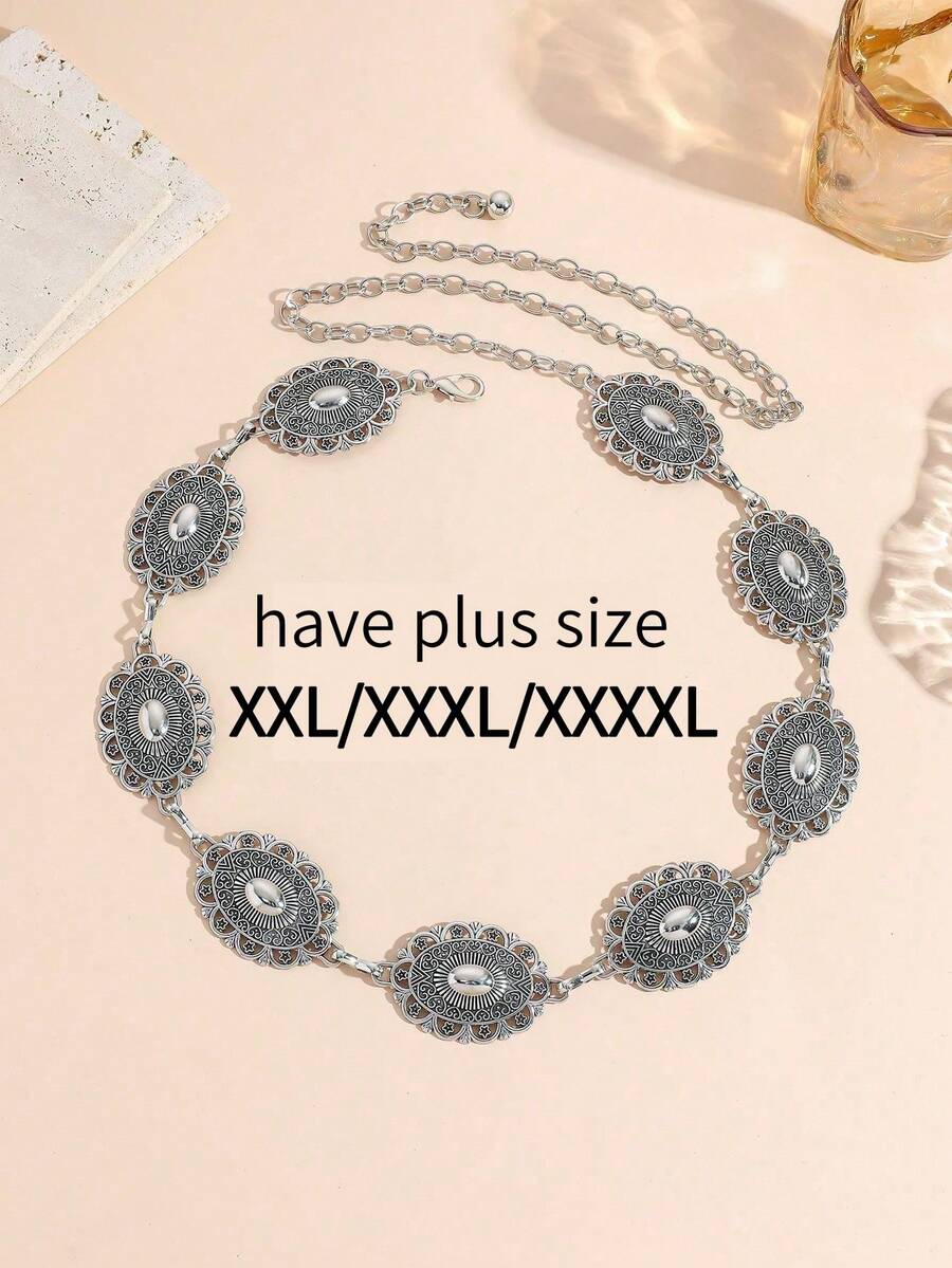 1pc Plus Size/Oversize Western Style Floral Engraved Textured Metal Waist Chain, Casual, Beach, Party, XXL/XXXL/XXXXL Fall, Autumn, Halloween - Silver - View 1