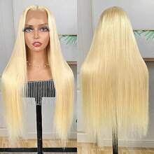 Eulisi Peluca de frente de encaje de cabello humano liso 613 de 13x4 con encaje transparente, peluca de 150 de densidad de color rubio para mujer, pre-arrancada con cabello de bebé, peluca frontal de encaje sin pegamento