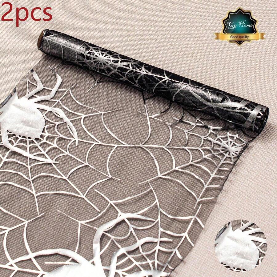2pcs/Set Halloween Large Silver Spider Web Size 11*108 In Thin Spider Net Holiday Decor Table Lace, Black, Suitable For Halloween Party Home Decoration - Multicolor - View 1
