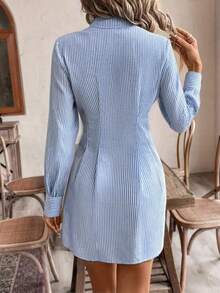 Women's Elegant Striped Long Sleeve A-Line Shirt Dress, High Waist Button Casual Office Dress, Light Color Pastel, Comfortable Polyester Fabric, French Style, Casual Shirt Dress, Office Dress, Elegant Style, Seasonal Striped Casual Button Fabric Pleated Decor Daily Wear