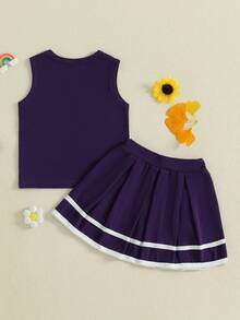 Toddler Baby Girl Cheerleader Outfit Shirt Tops Skirt Set Cheer Uniform Outfit Halloween Cheerleading Clothes - Màu tím - Xem 2