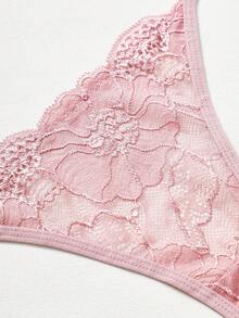 3pcs Women's Lace Thongs Briefs Romantic Floral Design Semi Sheer Nylon Blend Panties With Bow Detail Breathable Comfort Fit Women's Lingerie Underwear