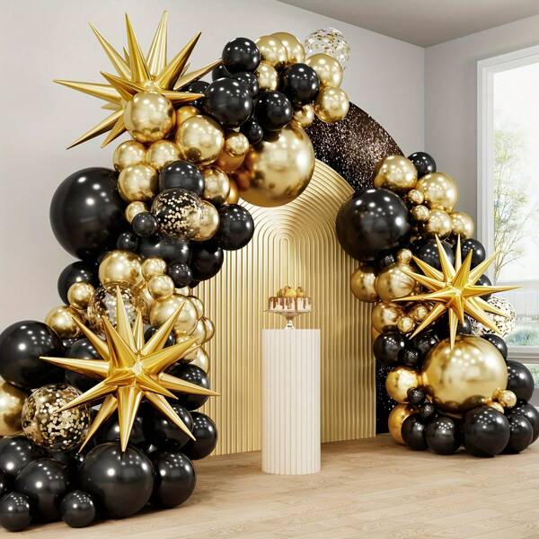 116pcs Gold & Black Balloons With Foil Explosion Star Decorations, Suitable For Boys, Girls, Kids, Infants, Gift Giving, Baby Shower, Gender Reveal, Wedding, Birthday, Room, Party Supplies