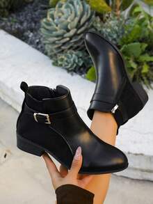女士黑色时尚英伦风格 PU+麂皮拼接鞋头，经典搭扣装饰，侧拉链百搭踝靴，织物衬里保暖透气，橡胶平底舒适耐用，优雅短靴，适合秋冬，女士靴子 - 黑色 - 查看 2