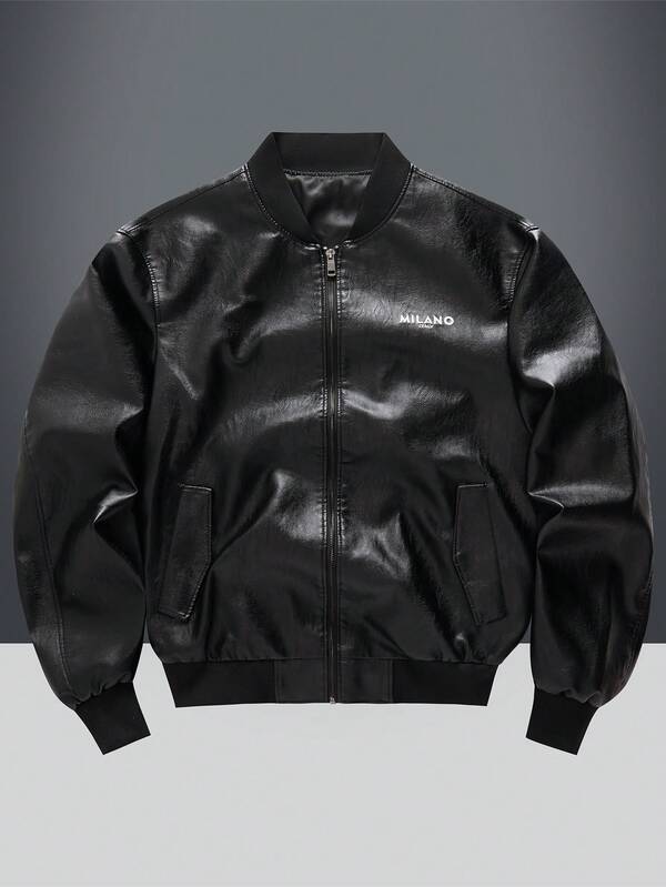 Men's PU Leather Jacket, Motorcycle Bomber Jacket, Spring Autumn Thin Baseball Collar Embroidered Letter Print Casual Outerwear