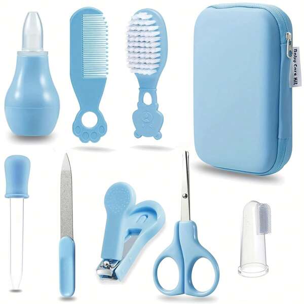 Kit de saúde com 9 peças e estojo portátil - Conjunto completo de saúde e higiene com conta-gotas, limpador de nariz, cortador de unhas, pente, escovas e muito mais, perfeito para presentes de chá de bebê e feriados, acessórios, ideal para cuidados pessoais diários