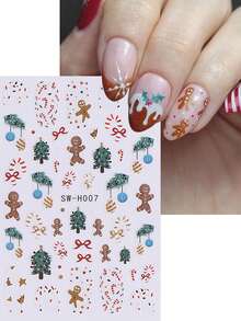 2 张圣诞美甲贴纸，带姜饼人拐杖糖冬青花环球节日指甲贴花 DIY 装饰滑块美甲 3D 自粘指甲用品，适合节日冬季 - 彩色 - 查看 5