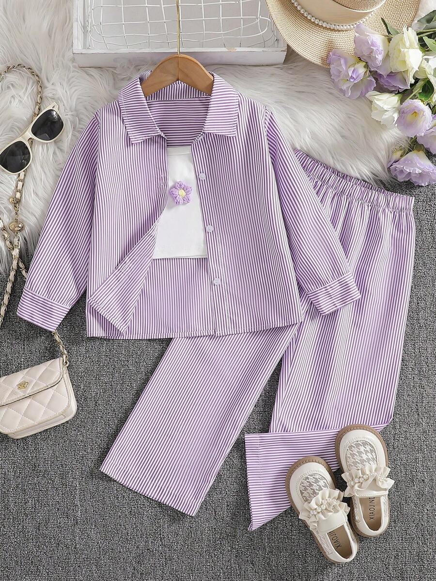 3 件套年轻女孩休闲夏季套装，带花卉印花吊带条纹长袖上衣和裤子 - 紫色 - 查看 1