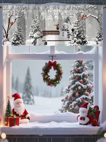 1pc Merry Christmas Curtain Valance With Rod Pocket Faceless Doll Winter Snowman Christmas Tree Golden Snowflake Five-Pointed Star Pattern Polyester Window Treatment For Living Room Kitchen Bedroom Festive Winter Wonderland Theme Christmas Decorations For Home 2025 Sparkling New Year 2026 Wall Home Room Decor - Multicolor - View 9