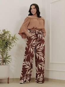 Printed High-Waisted Palazzo Pants With Pockets, Lining And Ties - 棕色印花褲 - 查看 2
