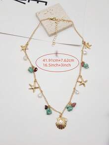 Boho Necklace Vintage Seashell Starfish Faux Pearl Turquoise Decor Clavicle Chain Elegant Necklace Jewelry Accessories For Women