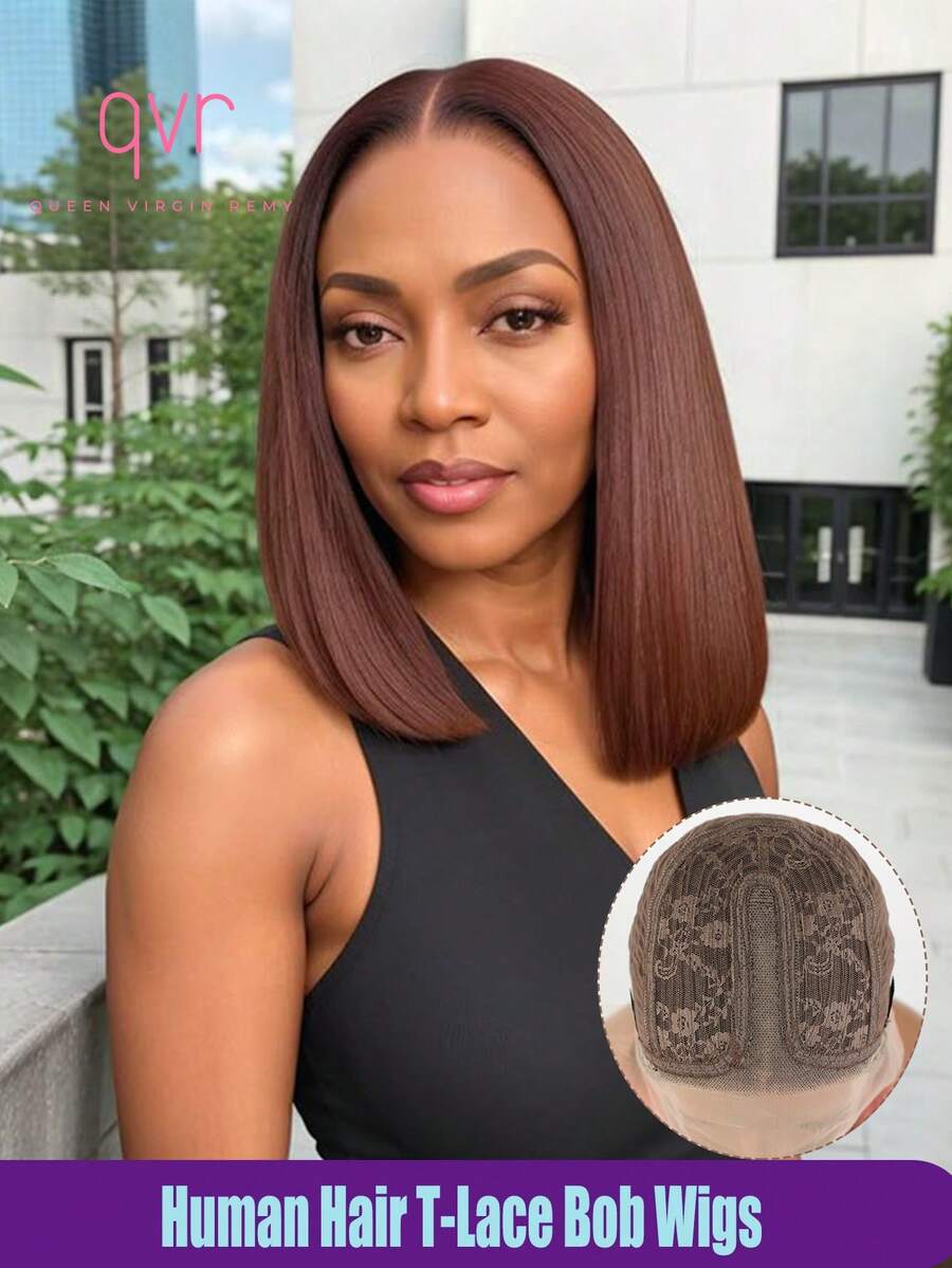 QVR QUEEN VIRGIN REMY 100%真人发T字型蕾丝前置波波头假发，带婴儿绒毛，原生雷米发，中分蕾丝假发，自然发际线，红棕色，女士无胶假发 - S33 - 查看 1