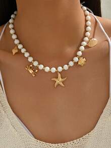 1 件波西米亚风格手工玻璃珠项链，配以海洋生物金属合金吊坠，适合女性日常佩戴、海滩派对、约会、音乐节等多种场合 - 彩色 - 查看 1