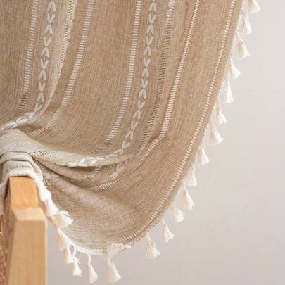 Tokoto 1 pieza Cortina de oscurecimiento con bordado de línea simple y calados, con un diseño vintage rústico con borlas color beige para decoración del hogar, privacidad, dormitorio, sala de estar, cocina, comedor, hotel, decoración de vacaciones, para todo el año