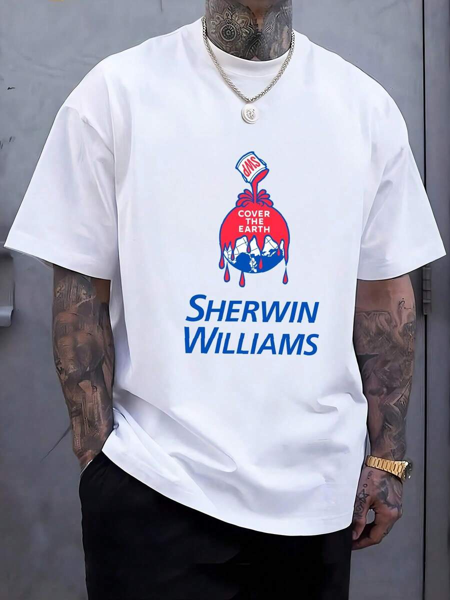 180g Pure Cotton Sherwin Williams Logo Men's Black T Shirt Size S 3XL Fashion Slightly Stretched Breathable Casual Unisex Soft Graphic Print Round Neck Short Sleeve Designer Clothes Comfortable Homme Stylish For Women Summer Top For Everyday Wear Streetwear Versatile - 白色 - 查看 1
