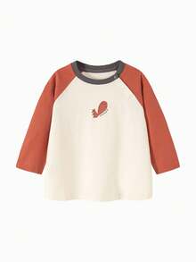 mini bala Baby Girls Contrast Color Raglan Sleeve Cartoon Print Top - Rust Red - View 2