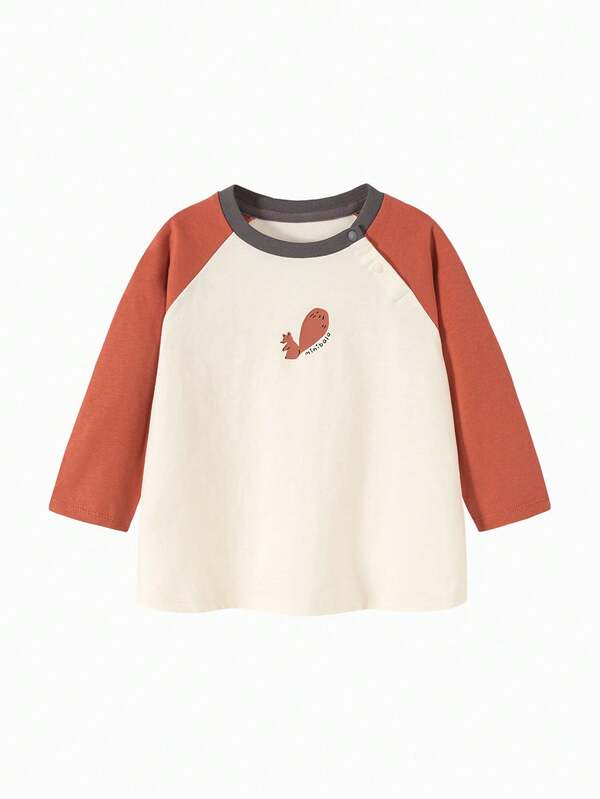 mini bala Baby Girls Contrast Color Raglan Sleeve Cartoon Print Top