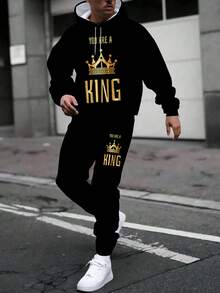 Felpa con cappuccio e tuta sportiva da uomo oversize "YOU ARE A KING" con scritta artistica e corona dorata, set sportivo a 2 pezzi per primavera, autunno e inverno - felpa con cappuccio oversize e pantaloni della tuta, stile street hiphop versatile - Multicolore - Visualizzare 5