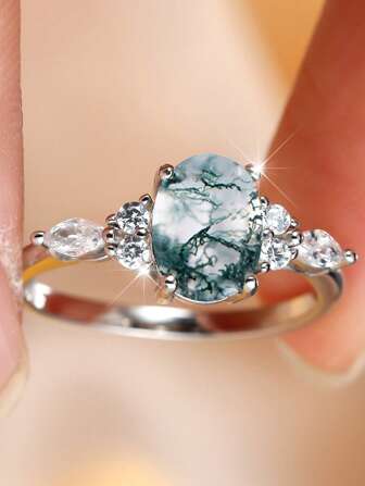 1 pièce Bague en agate ovale en argent sterling S925, élégante et chic, convient pour un port quotidien, mariage, fiançailles