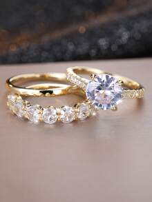 Vanel 3pcs Fashionable Minimalist Cubic Zirconia Stacking Rings, Women Wedding Engagement Promise Rings, Suitable For All Seasons - 3-piece Set - View 8