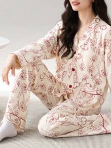 2pcs Women's V-Neck Long Sleeve Top And Pants Sleepwear Pajama Set, Skin-Friendly Homewear, Spring & Autumn, Fall Winter Clothes