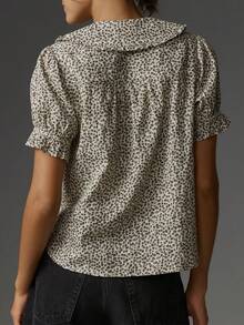 Women Y2k Puff Sleeve Peter Pan Collar Shirt Tops Button Down Boho Floral Print Ruffle Blouse Summer Cotton Babydoll Top - 米色 - 查看 3