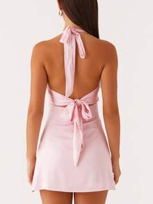 Women's Halter Neck Mini Tank Dress Sleeveless Deep V Neck Tie Back Solid Color/Floral Bodycon Short Dress Summer Backless Going Out Dresses College Graduation Party Club Y2k Dress - 粉色 - 查看 2