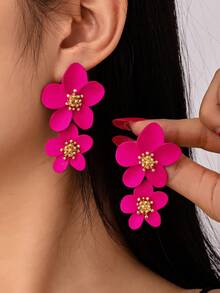 1 Pair Metal Asymmetrical Colorful Multi-Layer Flower Stud Earrings, Date Gift Valentine's Day Accessories - Orange - View 4