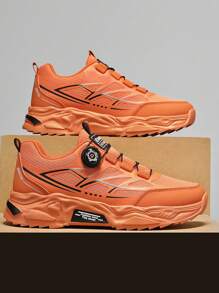 Men's Outdoor Casual Sneakers, Plus Size, Rotary Buckle Design, Elastic Band For Easy On/Off, One-Click Lacing, Mesh & Leather Upper, Anti-Odor Thick Sole, Fashionable Chunky Sneakers, Streetwear Style