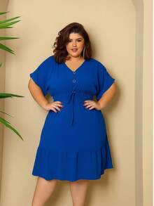 Batwing Dress Plus Size Midi Short Sleeve Duna Fabric Size U/G1 From 44 To 50 With Front Buttons Fashion Elegant Simple Casual Elegant Party Ruffle Hem Buttons On The Front Knot Wedding - 寶藍色 - 查看 2