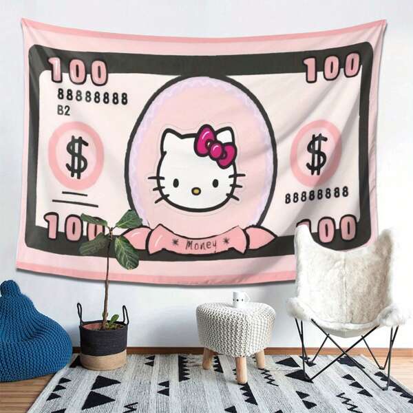 Sanrio 1 pièce Tapisserie Sanrio hello kitty 100 USD - Décoration murale avec design de saisons printemps, été, automne, hiver. Tissu pêche beige clair, décoration d'intérieur sans électricité requise. Décoration de chambre hello kitty, style rêveur, texture douce, œuvre d'art thème kawaii