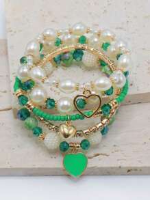5pcs Pearl & Crystal Beaded Bracelet Set, Fashion Multilayer Wrist Accessories For Women