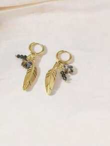 1 Pair Fashion Women's Stainless Steel Pendant Feather Butterfly Four-Leaf Clover Heart Earrings, Daily Casual Ear Jewelry - Yellow Gold - View 5