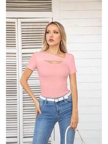 Womens Fashion Fall Cutout Long Sleeve Ribbed Slim Fitted Tops Shirts Tee Tshirts - 短光粉紅 - 查看 6