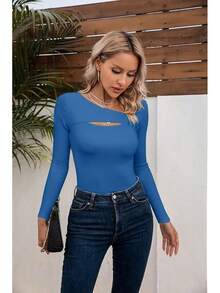 Womens Fashion Fall Cutout Long Sleeve Ribbed Slim Fitted Tops Shirts Tee Tshirts - 長藍 - 查看 7