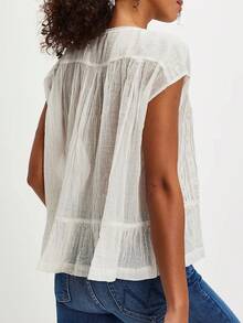 Blusa mujer de manga corta con cuello cuadrado, con volantes, botones y encaje, de estilo boho, fluida y transparente, suelta, para salir, de verano y vacaciones - Blanco - Ver 3