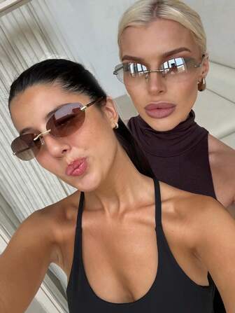 2 件 Y2K 未来科技风格无框时尚眼镜，适合日常佩戴、街头风格、度假、海滩 - 棕色环绕式墨镜