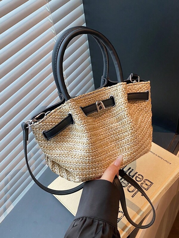 1 Peça Bolsa de Palha Pequena com Fechamento Magnético para Mulheres, Nova Bolsa de Praia/Verão de Estilo Retrô Versátil, Tipo Envelope