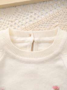Baby Girl Knitted Tulip Embroidery Decor Crew Neck Long Sleeve Bodysuit, Sweet Outfit For Winter - Pink - View 2