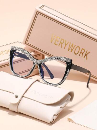 Verywork Verywork 1pc Cat Eye Rhinestone Decor TR Frame Elegant Intellectuality Ins Style Superior Quality Brand Design Women Clear Eyeglasses For Daily Life Back To School Office Reading Watch TV Play Games Business Casual Woman Fashion Accessories Ideal Choice For Gift