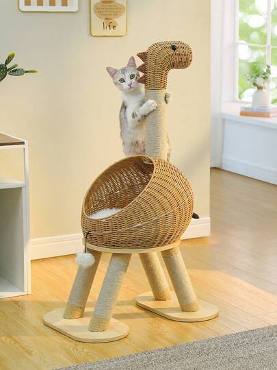 PAWZ Road 46 Inches Modern Cat Tree, Wooden Cat Tower With Dinosaur-Themed Design, Large Rattan Condo And 5 Full Wrapped Sisal Scratching Posts For Indoor Cats