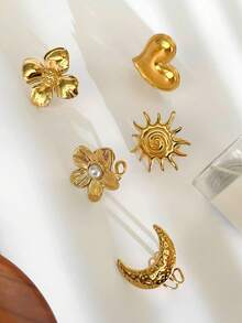 Monlansher New Stainless Steel Open Finger Rings For Women, Exaggerated Metallic Floral, Heart, Moon, Sun Flower & Mixed Elements Fashion Ring, Personalized , Suitable For Daily, Casual, Party, Single Or Stacked Wear - 金色 - 查看 6